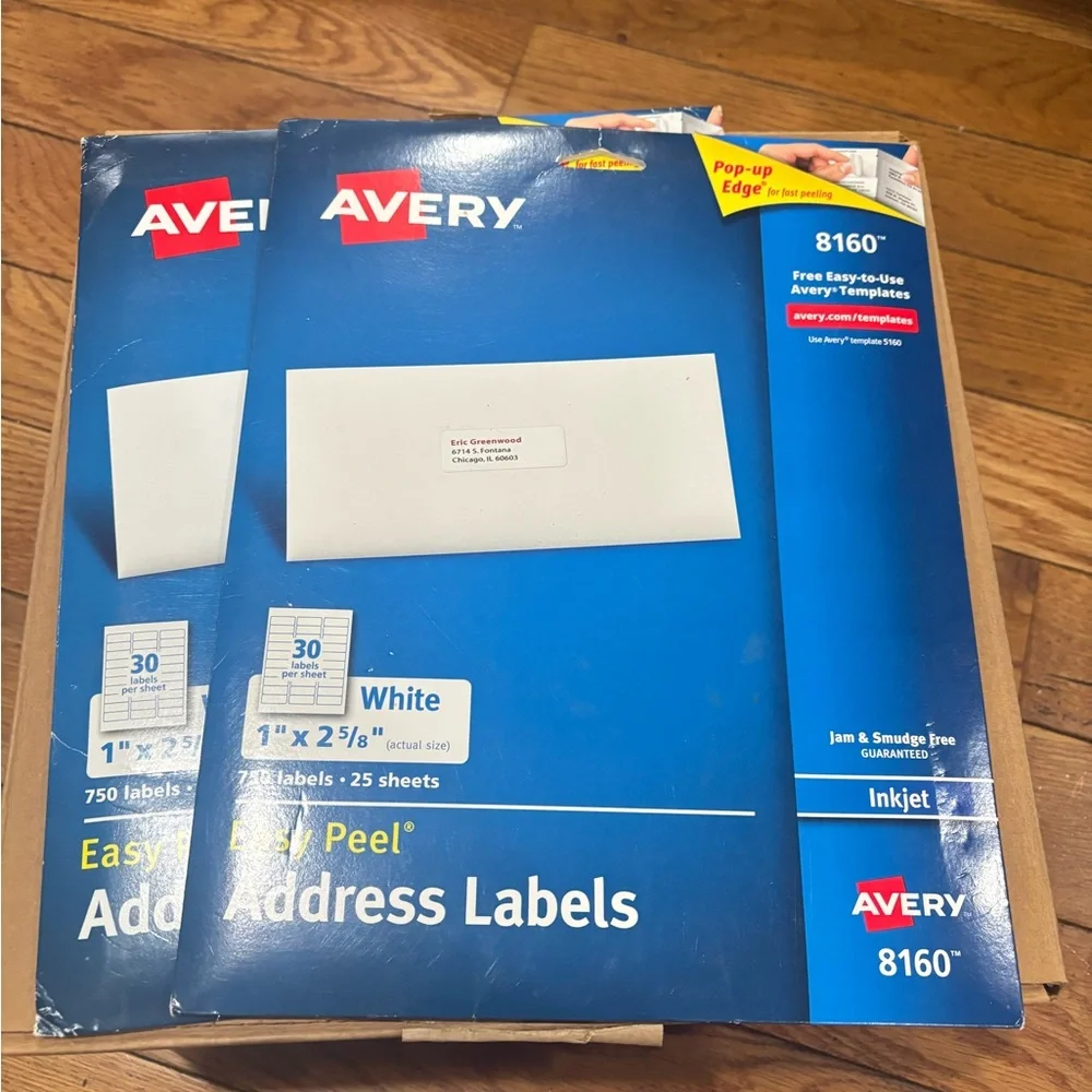 Avery 8160 Address Label Easy Peel Technology 1” x 2 5/8” 750 Labels/25 Sheets